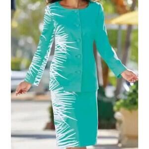 Midnight Velvet Women's 2pc Skirt Suit 20W Green White Tropical Print